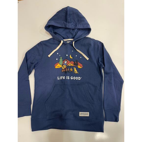 LIFE IS GOOD HOODIE MENS S BLUE HOODED CAMPING DOG FIRE SWEATSHIRT NWOT - Picture 1 of 6